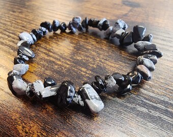 Snowflake Obsidian Chip Bracelet, Natural Gemstone Beads (7" Stretch)