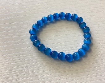 Blue Cat Eye Quartz Bracelet, 6mm Gemstone Beads (7" Stretch)
