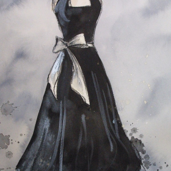 CLEARANCE Vintage Dress Painting - Original -Watercolor, Acrylic and Charcoal Painting - Vintage Black Halter Dress with Silver Bow - 16x20