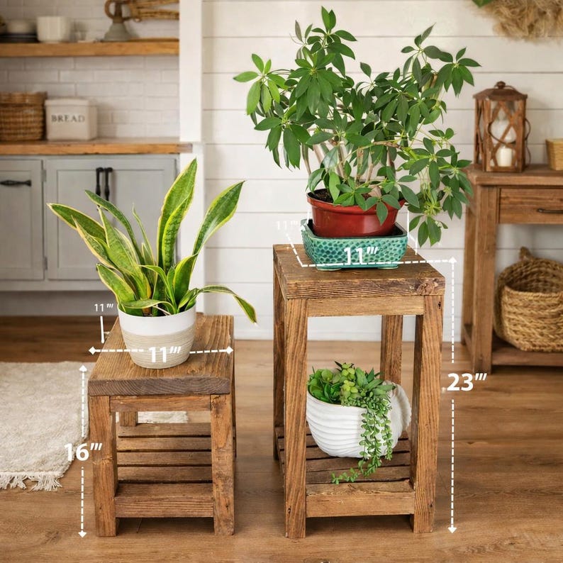 Rustic Plant Stand End Table Nightstand, Farmhouse bedside table entryway decor, stained wood pedestal, Barn style country gift for home image 4