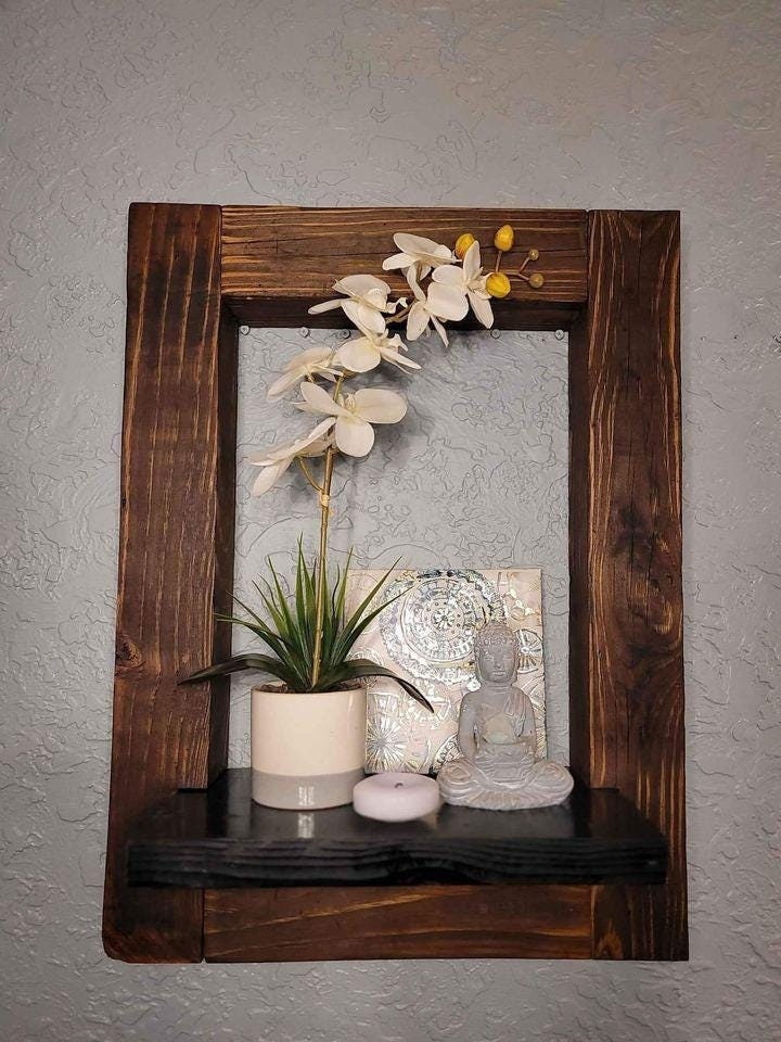Rustic Farmhouse Floating Shelf, Large Framed Handmade Wood Wall Shelf ...