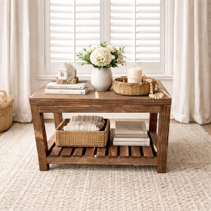 Farmhouse Plant Stand, Handmade Table Rustic 2-Tier Entryway Table Indoor Flower Shelf Stained Walnut, Display for Plants Gift for Wife