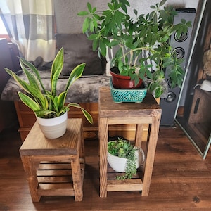 Rustic Plant Stand End Table Nightstand, Farmhouse bedside table entryway decor, stained wood pedestal, Barn style country gift for home image 5