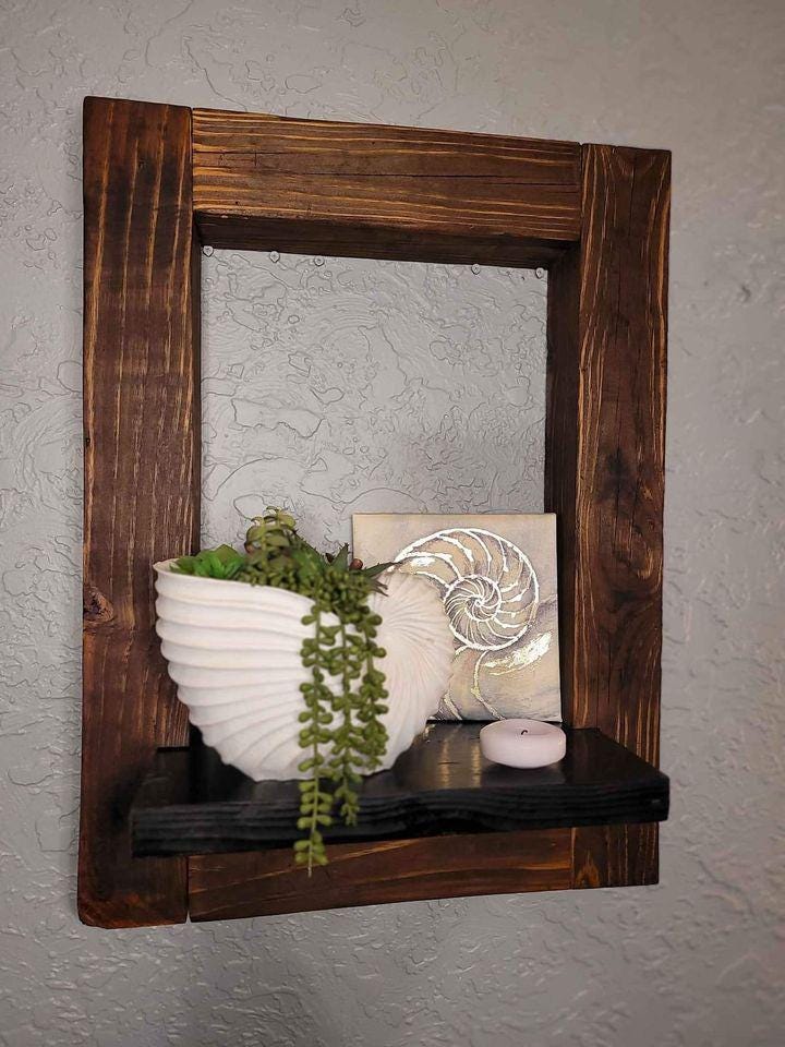 Rustic Farmhouse Floating Shelf, Large Framed Handmade Wood Wall Shelf ...