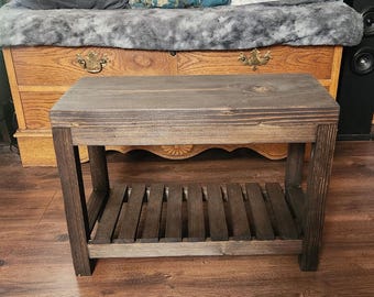 Rustic End Table, Handmade Farmhouse 2-Tier Bench Plant Stand, Entryway Indoor Flower Shelf Stained Walnut, Display for Plants Gift for Home