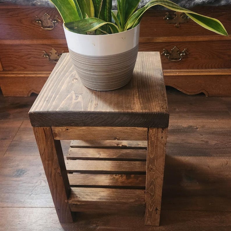 May include: A handcrafted wooden side table with a dark stained top and a lower shelf. The table is made of solid wood and has a natural finish. A potted plant with green and yellow leaves sits on top of the table.