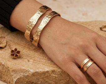 Hammered Gold Wave Cuff Bracelet Ring Set | Double Band Bangle, Adjustable Statement Jewelry