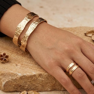 Hammered Gold Wave Cuff Bracelet Ring Set | Double Band Bangle, Adjustable Statement Jewelry