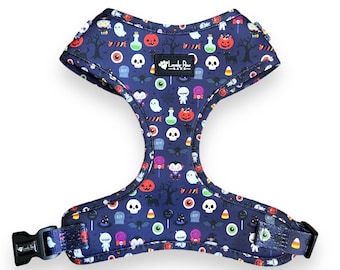 Halloween Dog Harness, Spooky Print, Adjustable Neoprene Comfort