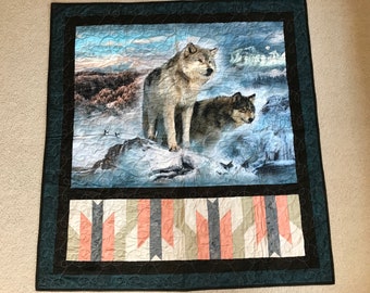 New wolf 49”x46” quilt wall hanging arctic snow waterfall very realistic look mountains woods midnight blue