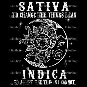 May include: Black graphic design with white sun and moon illustrations, and text reading "SATIVA TO CHANGE THE THINGS I CAN" and "INDICA TO ACCEPT THE THINGS I CANNOT". The design includes stars and decorative elements.