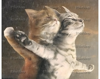 May include: A digitally enhanced image of two cats, one in shades of brown and the other in gray and white stripes. The cats are positioned close together, with their eyes closed and paws outstretched, creating a sense of connection.