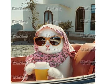 May include: A white cat wearing sunglasses and a pink floral scarf, holding a yellow coffee cup, seated in a red car. The cat is the focal point, with a white building and landscape in the background. The image has a vintage, travel-themed aesthetic.