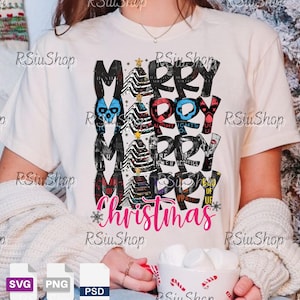 May include: Cream-colored t-shirt with a festive Christmas design. The design features the words "MERRY CHRISTMAS" in a stacked arrangement, with each letter incorporating various patterns and imagery, including Christmas trees and skulls. A snowflake is also included.