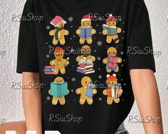 Christmas Library Gingerbread Man PNG Svg For Circut, Book Lover Clipart, Holiday Reading Art, Festive Gingerbread Reading Design