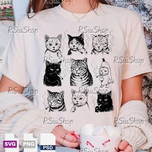 May include: Cream-colored t-shirt featuring a black and white illustration of nine cats, each smoking a cigarette. One cat is dressed as a banana. The text "RSiu Shop" is repeated around the image.
