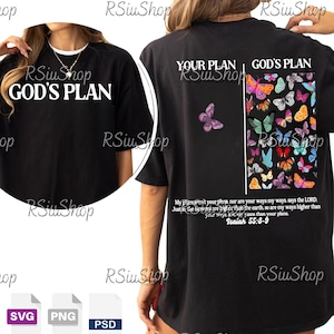 May include: Black t-shirt with the text "GOD'S PLAN" on the front. The back features "YOUR PLAN GOD'S PLAN" with a butterfly design and a Bible verse. The shirt is a casual, everyday wear item.