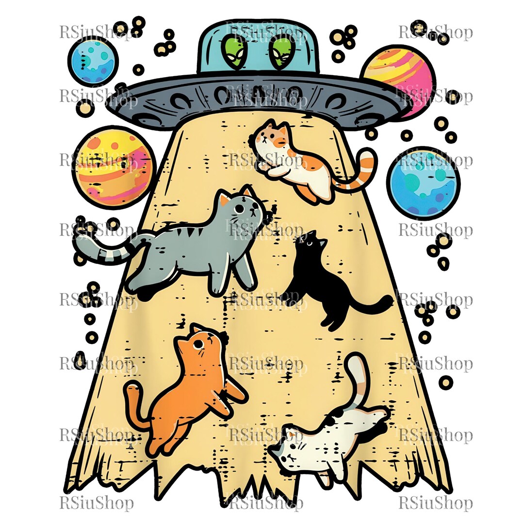 Cats in Space Digital Download, Alien UFO Catches Cat Design, Space ...