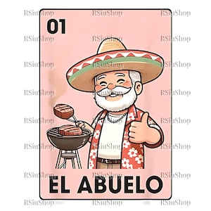 Puede incluir: Ilustración de dibujos animados de un anciano sonriente con sombrero y camisa floral, asando filetes. La imagen es una tarjeta con el número 01 y las palabras "EL ABUELO" en la parte inferior.