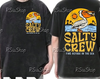 Pelicano Salty Crew ao pôr do sol PNG SVG, Pelicano de praia digital, Clipart de ondas tropicais do oceano, Gráfico de surfista PNG, Arquivo de design vintage costeiro