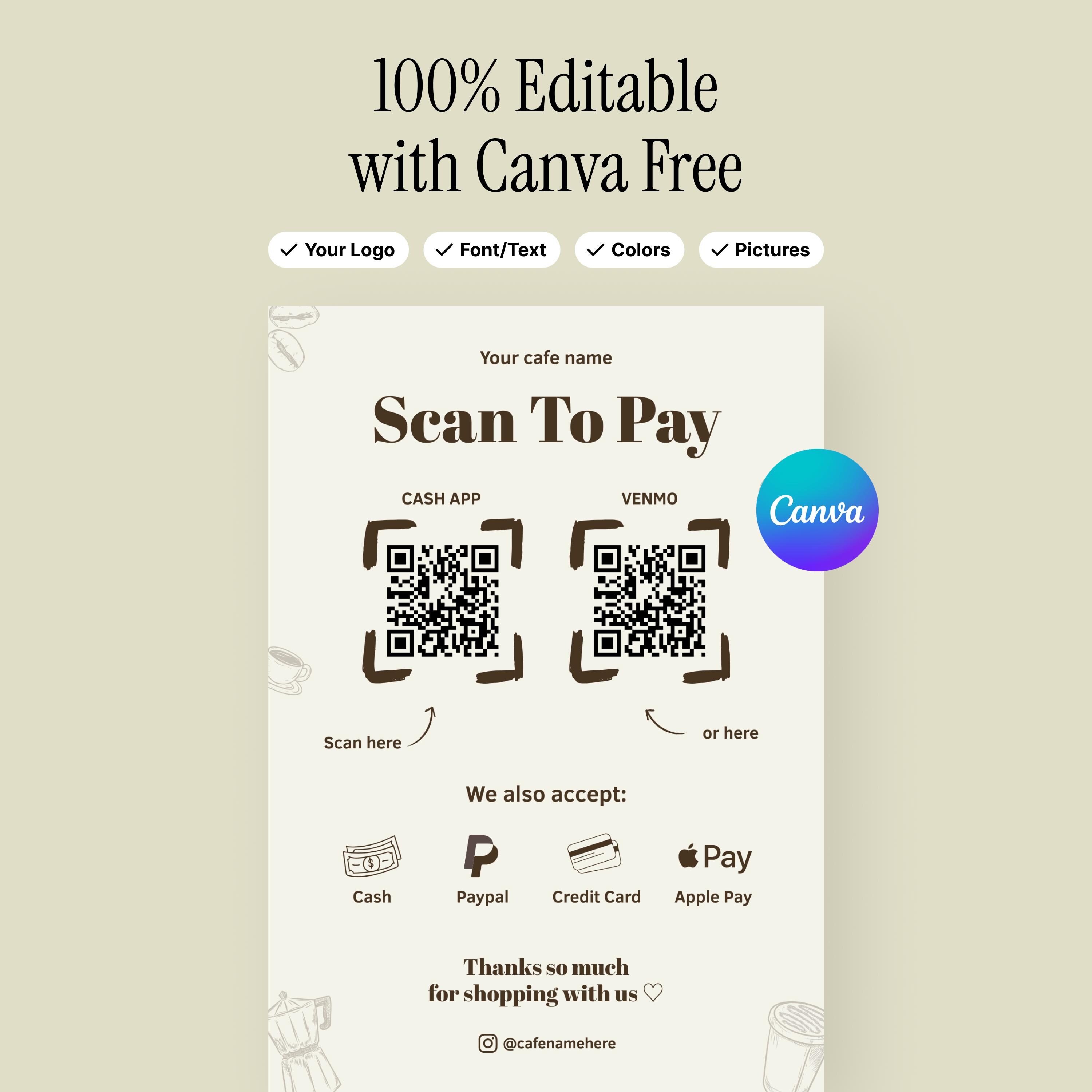 Scan to Pay QR Code Sign Printable for Cafe Coffee Shop Editable Canva ...