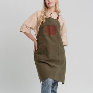 Trendige Canvas-Schürze mit Taschen, Crossback-Werkstattschürze für Männer oder Frauen, verstellbare Schürze für Grillabende, Küchenchef, Barista oder Handwerker