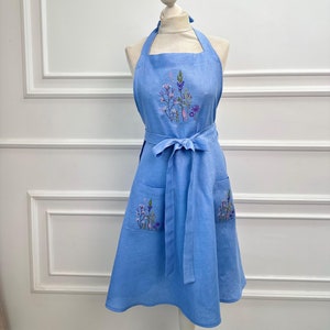 Linen apron with embroidered flowers, Natural floral embroidered apron, Kitchen apron for women, Linen garden apron dress, Gift for her