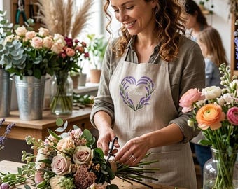 Linen Florist Apron with Custom Embroidery, Work Apron for Flower Shop, Personalized Garden Apron for Florist, Floral Designer Uniform