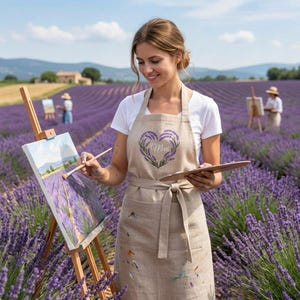 May include: A beige linen apron featuring a heart-shaped lavender wreath embroidery with the name Mari in the center. The apron has a waist tie, a front pocket, and visible paint splatters, worn over a white t-shirt in a lavender field.