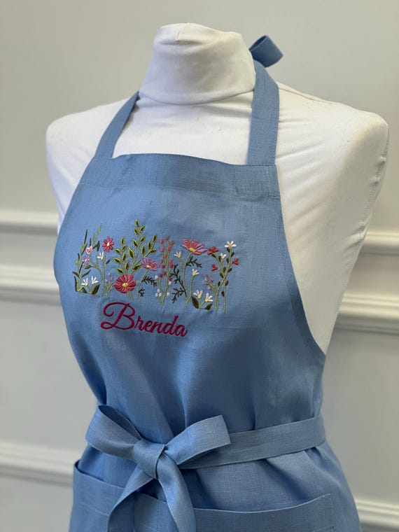 女性用刺繍入りネームエプロン、カスタムキッチンエプロンギフト、花柄