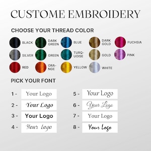 May include: A chart with color swatches for embroidery thread, including black, dark green, blue, dark gold, fuchsia, silver, green, turquoise, gold, pink, red, orange, yellow, and white. Below the chart is a section for choosing a font for embroidery, with eight different font options.