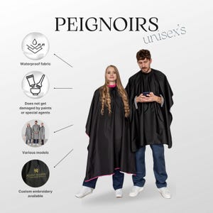 May include: Two people wearing black waterproof hairdressing capes with pink trim. The capes are labeled "unisex's" and "PEIGNOIRS". The text "Waterproof fabric", "Does not get damaged by paints or special agents", "Various models", "Custom embroidery available", and "AGENT KERATIN" are also visible.