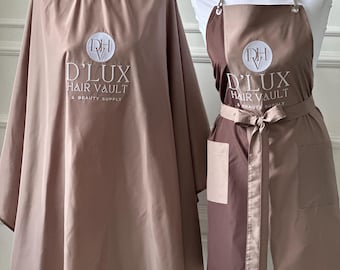 Friseur-Umhang- und Schürzenset, personalisierter Salonumhang, Uniform mit gesticktem Logo und Namen, Marken-Friseuruniform, individuelle Salon-Arbeitskleidung