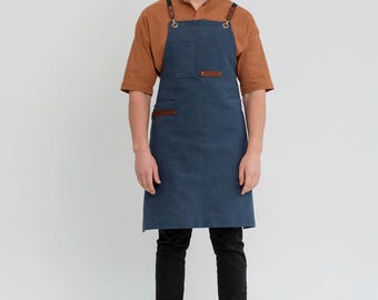 Navy Canvas Work Apron, Personalized Embroidered Apron with Pockets, Custom Mens Cooking Grilling Apron, Christmas Gift for Him or Her