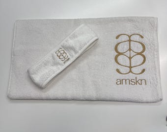 Personalized Spa Towel and Facial Headband Set, Custom Logo Esthetician Essentials, Embroidered Beauty Salon Tools for Facials and Skincare