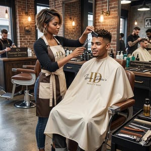 Könnte beinhalten: Ein Friseur schneidet einem Kunden im Salon die Haare. Der Friseur trägt eine braune und beige Schürze mit dem Logo "ID's Joanna Danai's BEAUTY BAR". Der Kunde trägt einen beigen Umhang mit dem gleichen Logo. Andere Friseure arbeiten im Hintergrund.