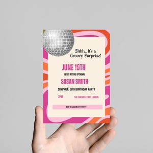Editable 1970s Surprise 50th Birthday Invitation | Groovy Disco Party Invite Template | Retro Pink Canva Download | Instant Digital