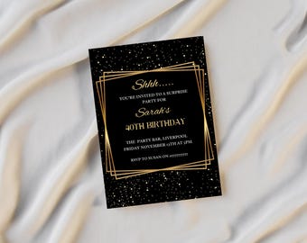 Editable Black & Gold Surprise Party Invitation | Canva Template | Instant Download