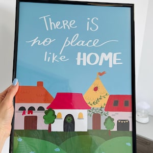 Impresión con frase "No hay lugar como el hogar" - Arte mural colorido y surrealista de ciudad - Arte mural para la entrada - Decoración artística de pared - Decoración de dopamina