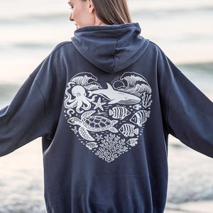 Ocean Animals Hoodie Sea Life Heart Shaped Sweatshirt For Ocean Lovers Gifts Whale Shark Turtl e Hoodie Marine Biologist Gift Beach Hoodie