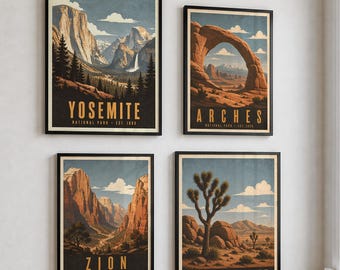 National Parks Poster Collection, Retro Vintage Travel Print Set, Yellowstone Yosemite Grand Canyon Zion, Gift for Nature Lovers Hiking Gift