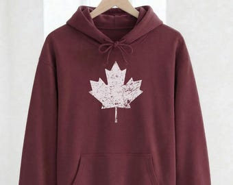 Moletom com capuz e estampa desgastada da folha de bordo canadense, presente para o Dia do Canadá para ele e para ela, moletom unissex do orgulho canadense, pulôver com mangas curtas.