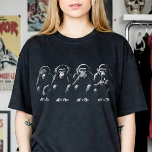 Four Monkeys T Shirt Modern See Hear Speak No Evil Tech Evolution Satire Humor