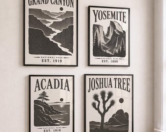 National Park Poster Collection, Black and White Vintage Print Set, Yellowstone Retro Wall Art, Cabin Decor, Gift for Nature Lovers
