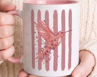 Caneca de café para amantes de pássaros, com estampa floral de beija-flor, em cerâmica, estilo cottagecore boho, inspirada na natureza, botânica e vida selvagem, ideal para observação de pássaros.