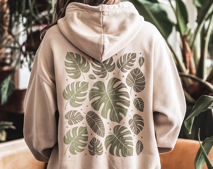 Plant Hoodie, Monstera Sweatshirt, Plant Lover Gift, Gardening Mom Birthday Gift, Cozy Boho Pullover For Her, Aesthetic Botanical Hoodie