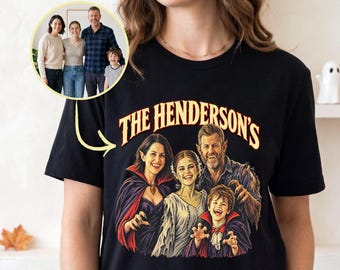 Camiseta personalizada de Halloween para a família, ideal para pais que dispensam as compras de fantasias. Transforme sua foto em um monstro instantâneo! Presente de Natal personalizado.