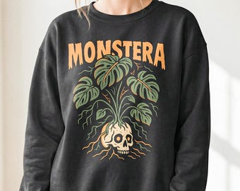 Monstera Plant Sweatshirt Skull Graphic Crewneck Gothic Botanical Unisex Pullover