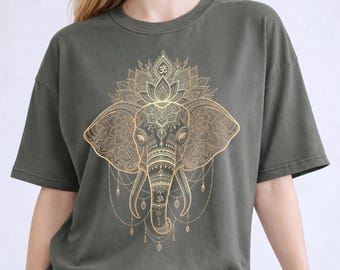 Camiseta Mandala Elefante, Camiseta Minimalista Boho Elefante, Camiseta Espiritual com Símbolo Om, Presente Elefante de Geometria Sagrada, Presente para Amante de Yoga