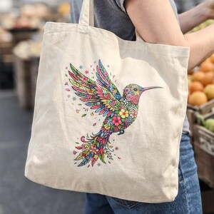 Hummingbird Tote Bag Floral Canvas Shopper Boho Market Bag Reusable Grocery Bird Lover Gift
